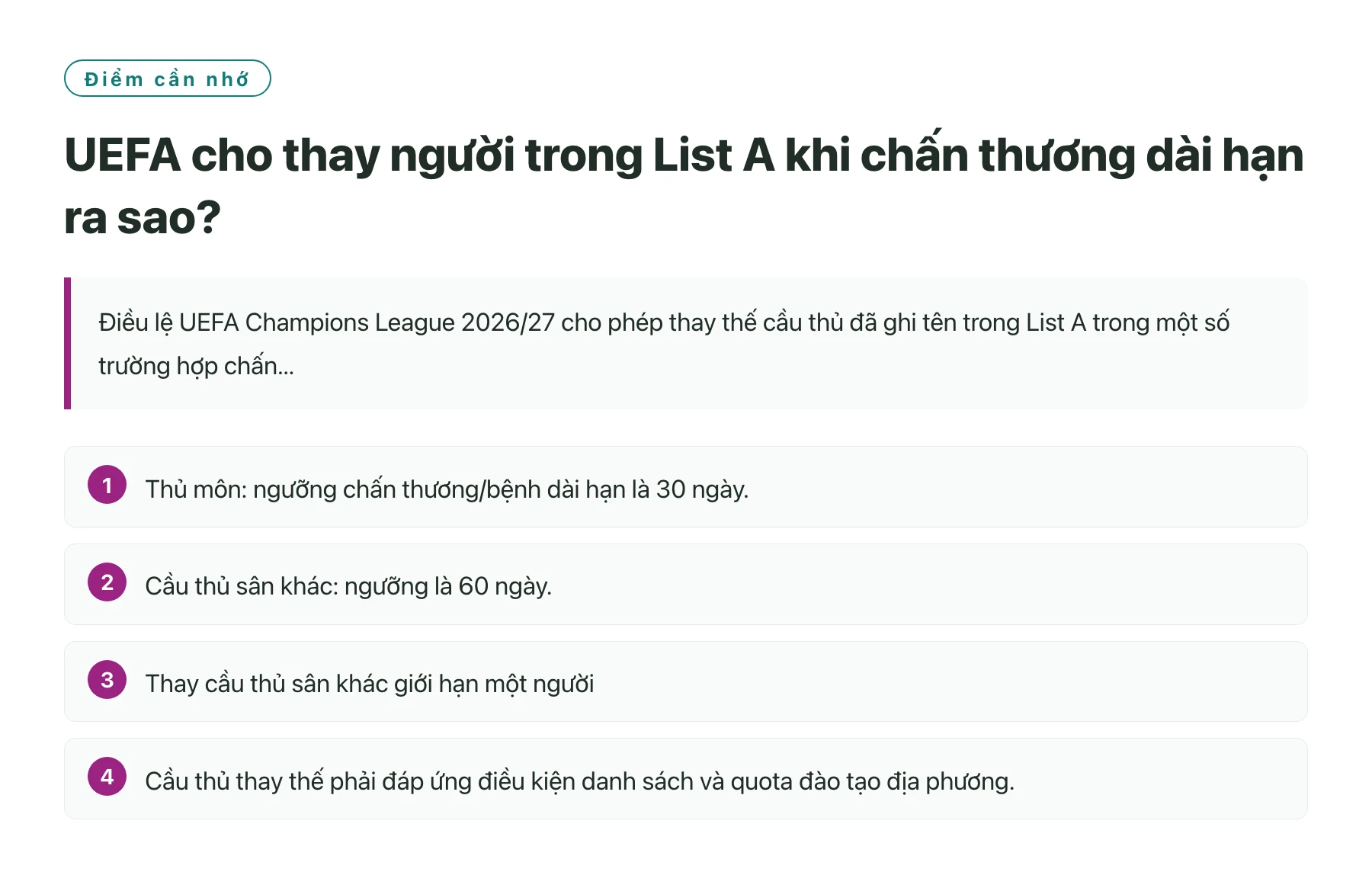 UEFA cho thay người trong List A khi chấn thương dài hạn ra sao?——全文要点速览