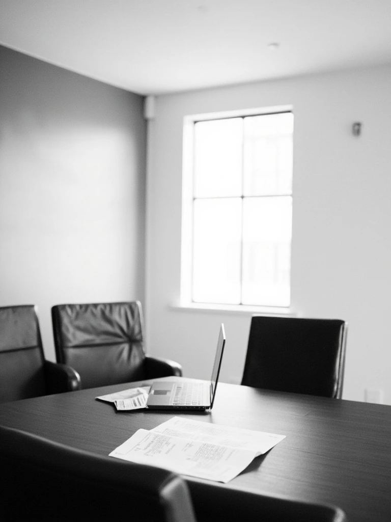 An empty four-chair boardroom set up for an operator readout call.